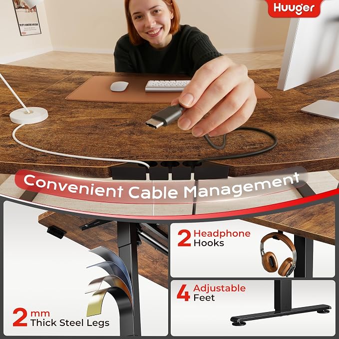 Huuger 71 X 30 Inch Electric Standing Desk with Power Outlets and USB-C Port, Height Adjustable Desk, Sit Stand Desk for Home Office, Computer Desk with 4 Presets, Stable Steel Frame, Rustic Brown - Image 6