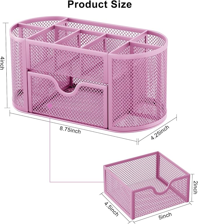 EasyPAG Mesh Pen Holder Desk Organizer with Drawer Stationery Supplies Organizer for Dorm School 9 Compartments Workspace Desk Accessories Organization for Office, Light Pink - Image 7