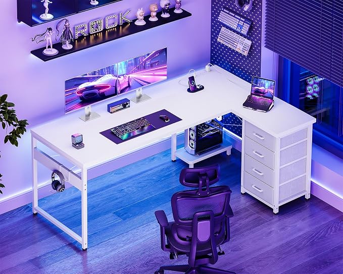 AODK 61" L Shaped Gaming Desk with 4 Drawers and Power Outlets, White | USB Ports, PC Tower Stand, Hooks, Reversible Corner Layout for Gaming Rooms, Bedrooms and Home Office - Image 7