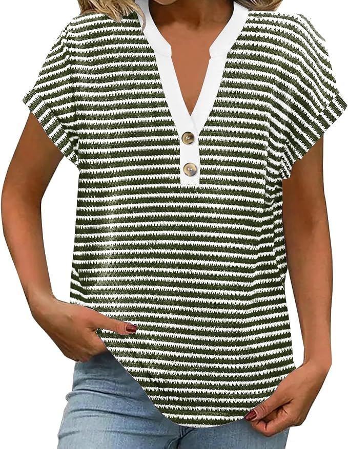 Womens Henley Summer Tops V Neck Button Dressy Casual T Shirts Blouses | Breathable, V-Neck Button, Striped, Loose Fit, Business Casual, Office, Vacation, Spring Summer Tops, Basic Shirts by ETCYYNEW