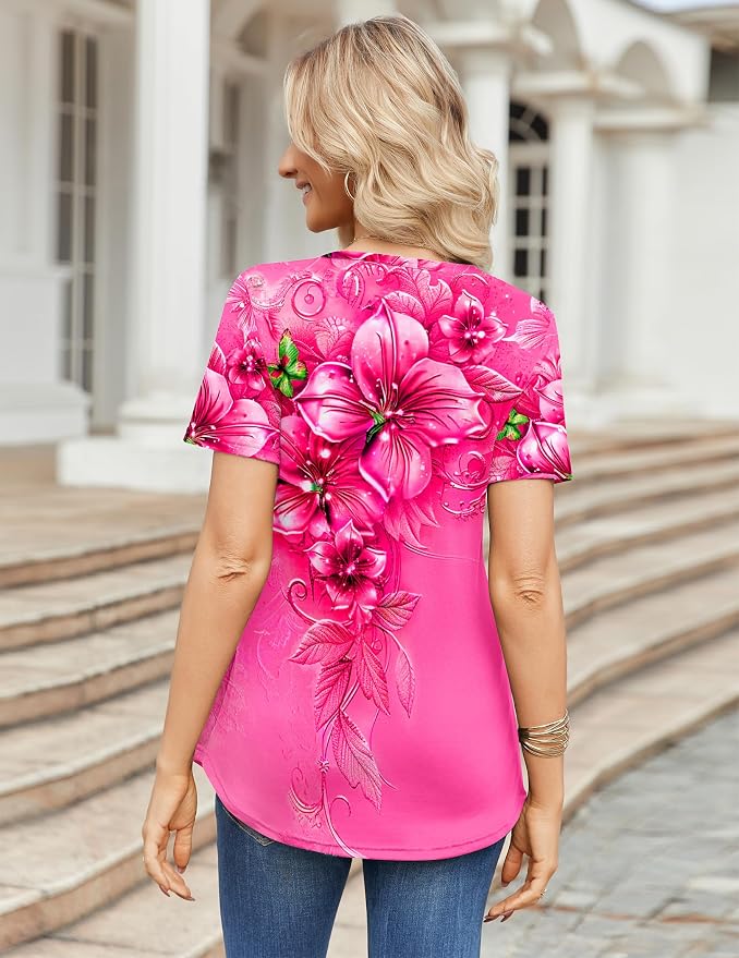Zeagoo Womens Short Sleeve Tops Summer Henley V-Neck Tshirts Casual Pleated Blouse Dressy Loose Floral Basic Tee - Image 7