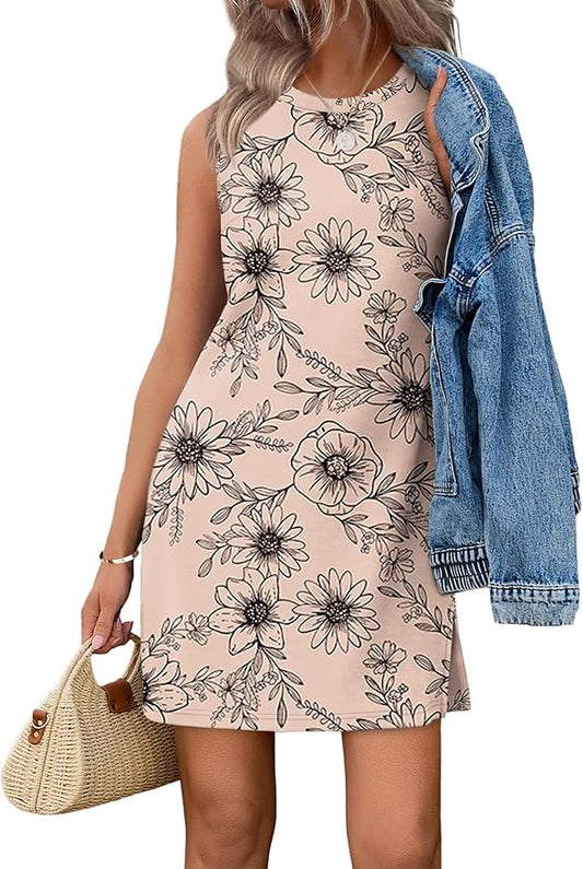 WIHOLL Casual Dresses for Women Crewneck Sleeveless Tank Dress Summer Spring Boho Vacation Clothes by WIHOLL