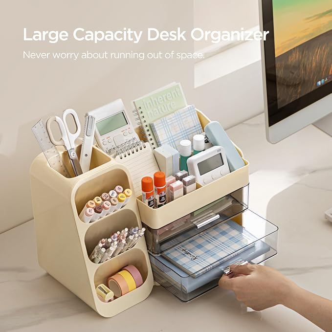 HBlife Desk Organizer with Pen Pencil Holder for Desk, Pen Organizer with 2 Drawers, Desk Organizers and Accessories with 4 Compartments, Desktop Storage for Office Home School Art Supplies, Beige - Image 2