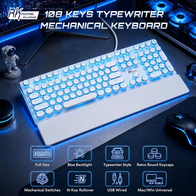 RK ROYAL KLUDGE S108 Typewriter Mechanical Keyboard, Retro Wired Gaming Keyboard with Number Pad and Detachable Wrist Rest, 108 Keys Full Size PC Game Keyboards, Clicky Blue Switch, Blue Backlit White - Image 2