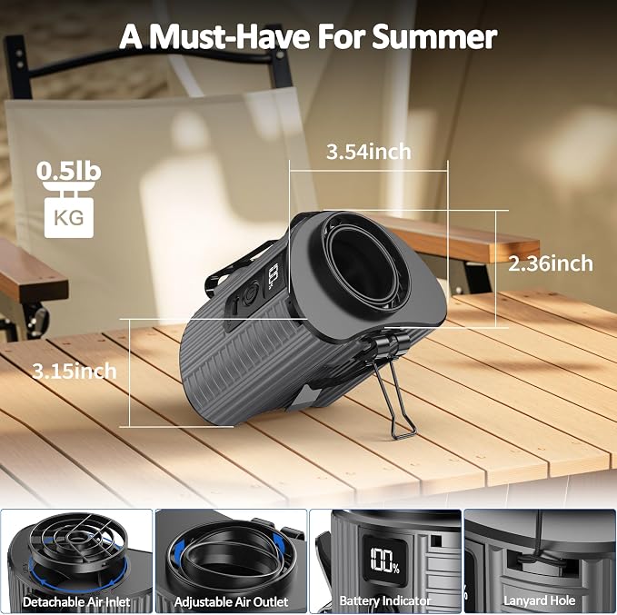 Portable Mini Waist Fan, Personal Waist Clip Fan With Max 20H Working Time, 5 Speeds 11000RPM Strong Airflow, Rechargeable Hands-free Wearable Belt Fan for Outdoor Jobsite Camping Traveling Fishing - Image 5