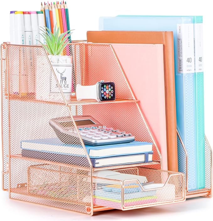 Topwey Rose Gold Desk Accessories, Office Supplies Desk Organizer Caddy with Sliding Drawer, Double Tray, File Organizer and pen holder for Home, Office School by Topwey