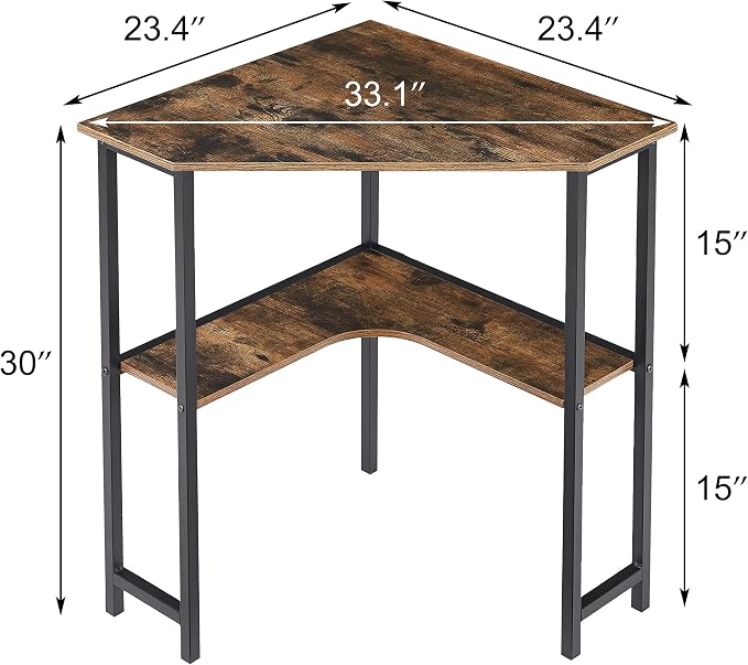 VECELO Small Corner Computer Desk 33 x 23 inches with Storage Shelves for Small Spaces,Triangular Shape,Brown - Image 3