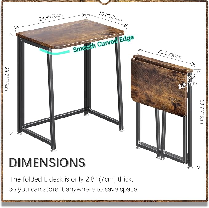 4NM 23.6" Mobile Small Folding Desk, Foldable Rolling Computer Home Office Desk, Study Writing Table for Small Space Saving Bedroom, with Wheels - Rustic Brown and Black - Image 2