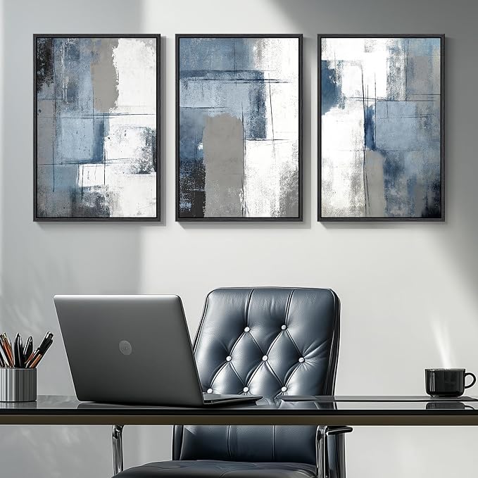 Framed Blue and Grey Abstract Wall Art, 3 Piece Modern Canvas Prints Paintings Artwork for Walls, Minimalist Abstract Block Pictures for Living Room Dining Room Lounge Bedroom Wall Decor 16x24 In - Image 4