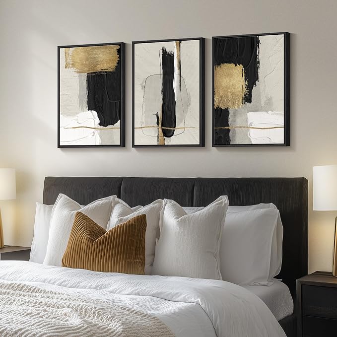 Framed Black and White Abstract Wall Art, 3 Piece Canvas Prints Paintings Artwork for Walls, Modern Minimalist Gold Beige Block Pictures for Living Room Hallway Office Wall Decor 16x24 Inch - Image 2