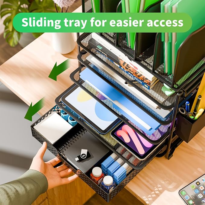 Simple Trending 5 Tier Mesh Desk File Organizer, Paper Letter Tray File Holder with Sliding Drawer Organizer for Office Home, Black - Image 3