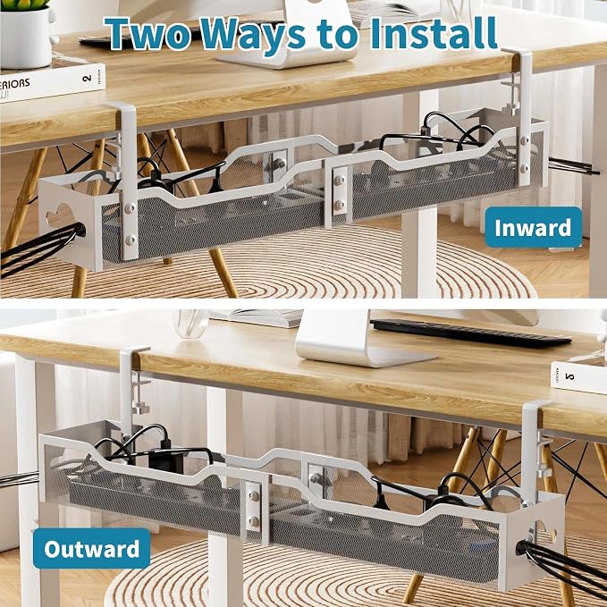 Under Desk Cable Management Tray 32'', Cable Management Under Desk No Drill, Cable Organizer with Clamp for Wire Management, Cord Organizer for Office, Home - No Damage to Table (White) - Image 4