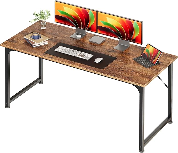 Huuger Computer Desk, 55 Inch Home Office Desk, Gaming Writing Work from Home Study Desk, Large Legroom, Sturdy Metal Frame, Modern Simple, Rustic Brown by Huuger