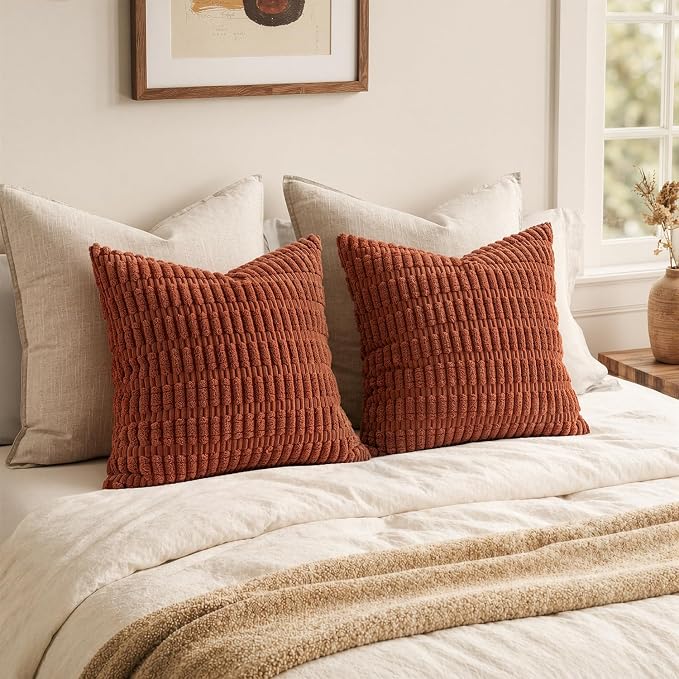 MIULEE Fall Pack of 2 Corduroy Decorative Throw Pillow Covers 18x18 Inch Soft Boho Striped Pillow Covers Modern Farmhouse Home Decor for Sofa Living Room Couch Bed Rust - Image 5