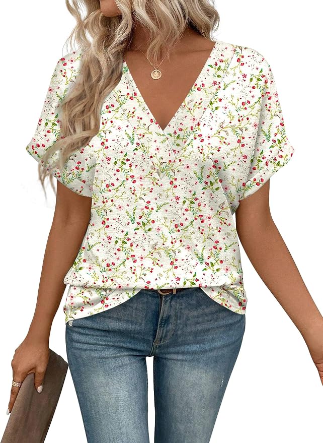 T Shirts Short Sleeve V Neck Tees Womens Tops Beach Vacation Fashion Clothes 2026 Casual Summer Spring Fall Outfits by EyMuseWomensTops