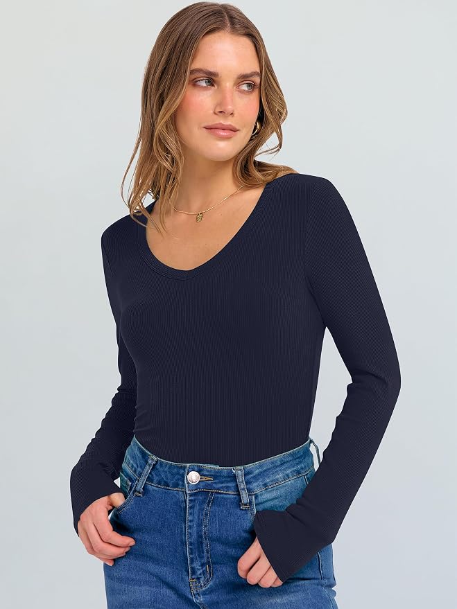 ANRABESS Long Sleeve V Neck Shirts for Women | Soft Comfy Ribbed Knit Fitted Tshirts, Casual Going Out Tops, 2026 Trendy Basic, Fall Winter Underscrub Layering Clothes - Image 4