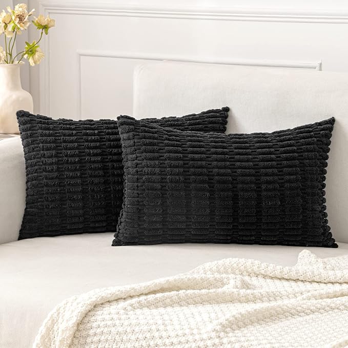 MIULEE Pack of 2 Corduroy Decorative Lumbar Throw Pillow Covers 20x12 Inch Soft Boho Striped Pillow Covers Modern Farmhouse Home Decor for Halloween Sofa Living Room Couch Bed Black by MIULEE