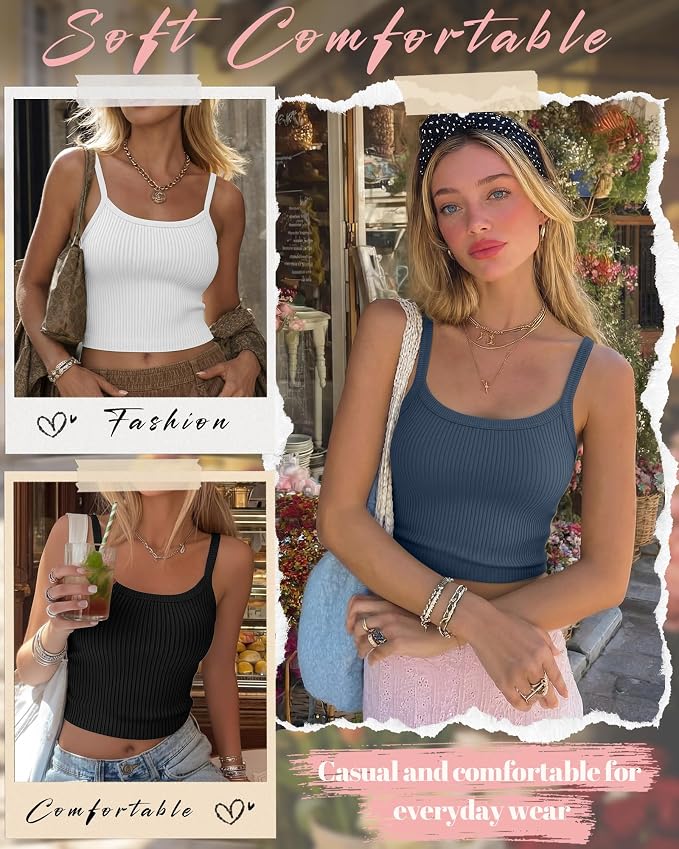 Ficerd 3 Pack Women's Tank Tops 95% Cotton Spaghetti Strap Ribbed Crop Camisole Slim Fitted Basic Summer Sleeveless Layer - Image 5