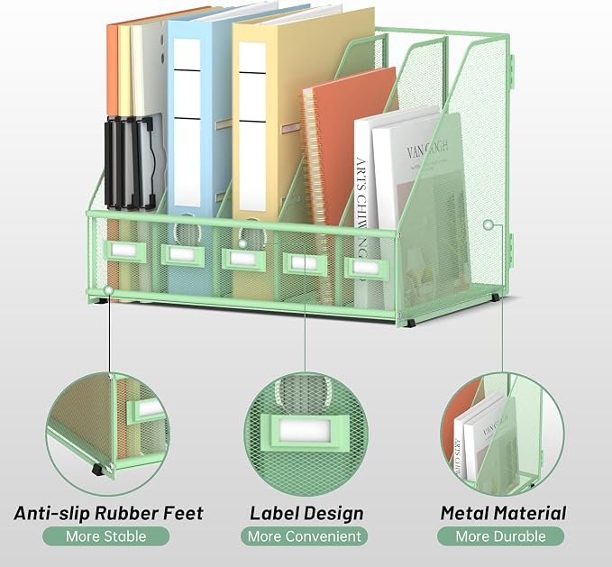 SUPEASY Desk Organizers Metal Desk Magazine File Holder with 5 Vertical Compartments Rack File Organizer for Office Desktop, Classroom, Home Workspace, Green, Plus - Image 6