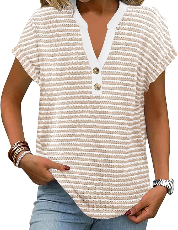 Womens Henley Summer Tops V Neck Button Dressy Casual T Shirts Blouses | Breathable, V-Neck Button, Striped, Loose Fit, Business Casual, Office, Vacation, Spring Summer Tops, Basic Shirts by ETCYYNEW
