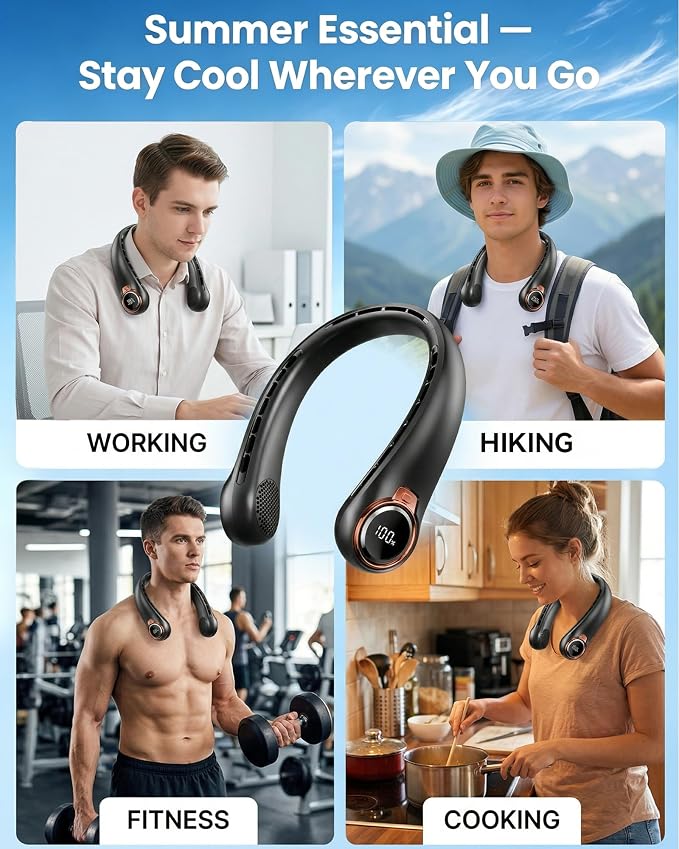 BNBZ Portable Neck Fan, 6000mAh Rechargeable Fan Blows Cold Air with LED Display, 4 Speeds, 20H Runtime, Quiet Wearable 360° Personal Cooling Fan for Outdoor Travel Work Gym,External Cooling Fan - Image 7