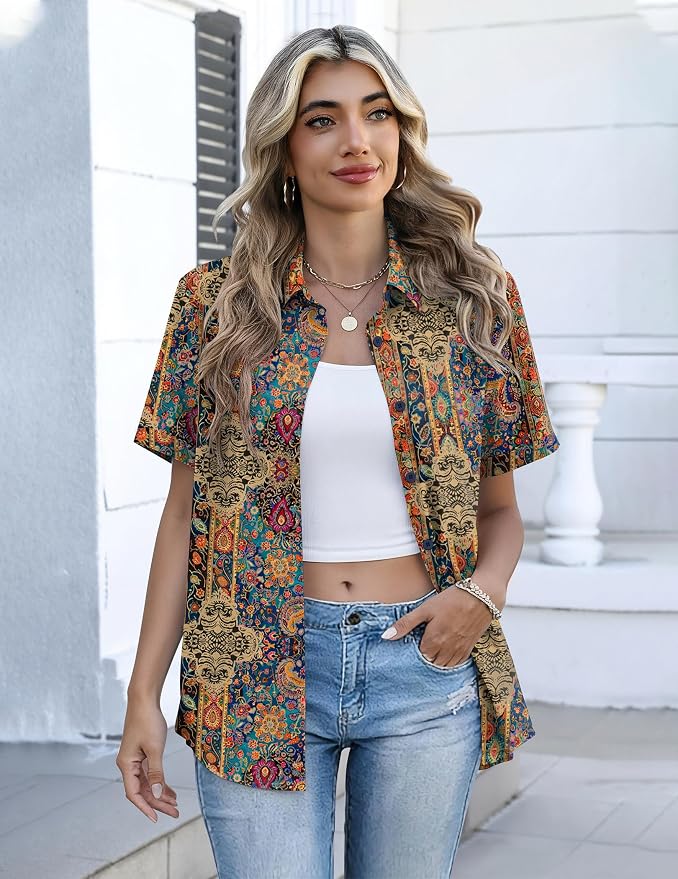 Zeagoo Button Down Shirts for Women Short Sleeve Collared Tops Dressy Casual V Neck Blouses - Image 3
