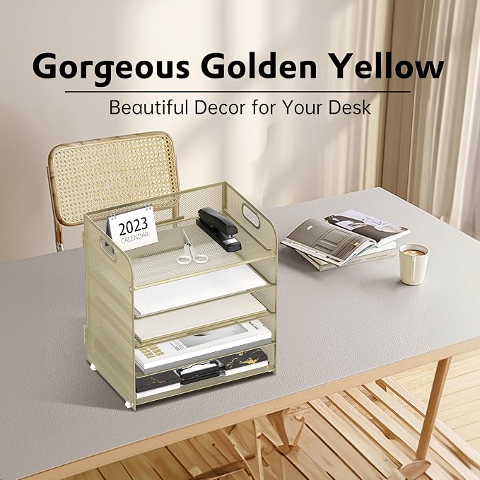 Supeasy 5 Trays Paper Organizer Letter Tray with Handle-Mesh Desk File Organizer,Pink Paper Sorter Desk Organizer for Office, Home or School (Gold Yellow) - Image 2
