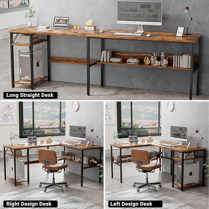Unikito L Shaped Computer Desk with Magic Power Outlets and USB Charging Port, Sturdy Reversible Corner Desk with Storage Shelves, Modern Work Desk for Home Office, Easy to Assemble, Rustic Brown - Image 6