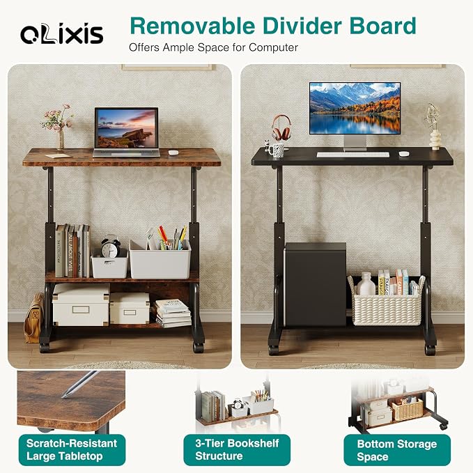 OLIXIS Rolling Desk, Storage Shelves, Laptop Table, Home Office | Height Adjustable Design, Computer Desks on Wheels, Portable for Small Spaces Use, Rustic Brown - Image 5