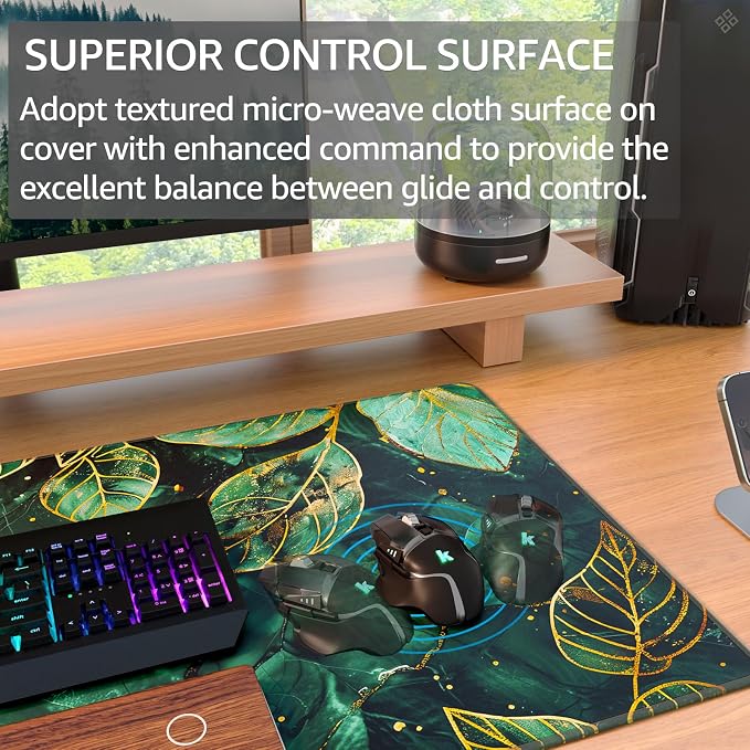 KTRIO Large Gaming Mouse Pad, Desk Mat, 31.5 x 15.7 in, Green Leaves, XXL | Smooth Micro-Weave Surface, Artistic Pattern Design, Non-Slip Rubber Base, Durable Stitched Edges, Office & Home Use - Image 2