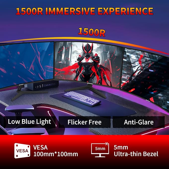SANSUI 27 Inch WQHD 2560X1440 Curved Gaming Monitor, 180Hz MPRT 1ms Computer Monitor,HDMI2.0 * 2, DP1.2 * 2, Freesync, Curved 1500R, 5000:1 Contrast Ratio, 120% sRGB,HDR(ES-G27C1Q DP Cable Included) - Image 8