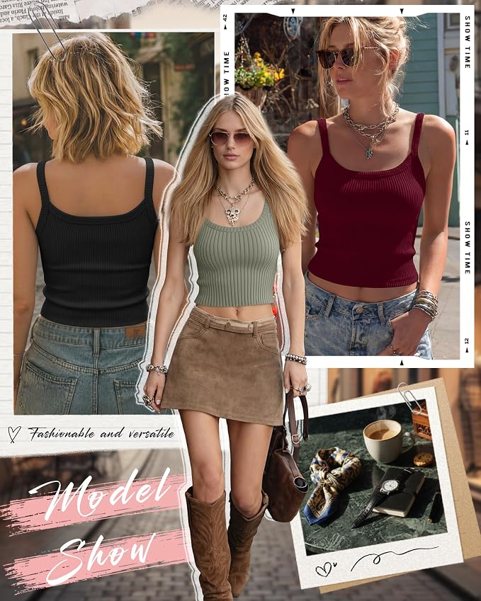 Ficerd 3 Pack Women's Tank Tops 95% Cotton Spaghetti Strap Ribbed Crop Camisole Slim Fitted Basic Summer Sleeveless Layer - Image 3