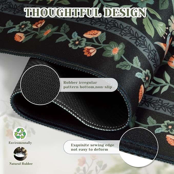 iCasso Aesthetic Mouse Pad,23.6x13.7in Desk Pad, Black Flower | Vintage Desk Matt for Desktop, Anti-Slip Mousepad with Stitched Edges for Laptop Computer Keyboard - Image 4