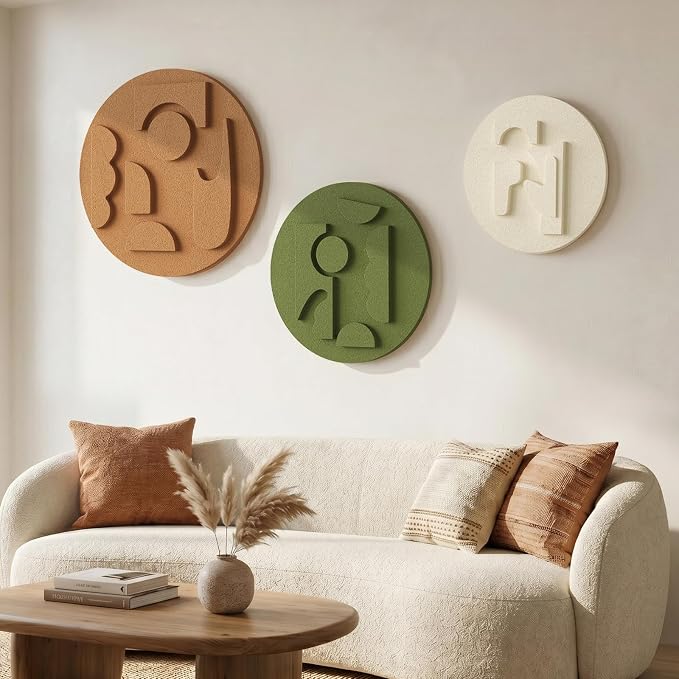 3D Textured Round Abstract Wall Art Set, 3-Piece Modern Minimalist Boho Geometric Sculptures Artwork for Walls, White Terracotta Green Paintings Wall Decor for Living Room Bedroom Dining Room Office - Image 2