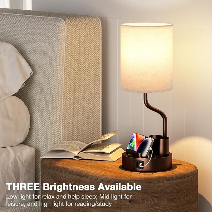 Fenmzee Bedside Lamps for Bedroom Set of 2 - Table Desk Lamp for Nightstand | 15" Table Lamp for Living Room with Pen Holder & Phone Stand, USB A+C Port, AC Outlet, 3 Color Temperature, LED Bulb Included - Image 4
