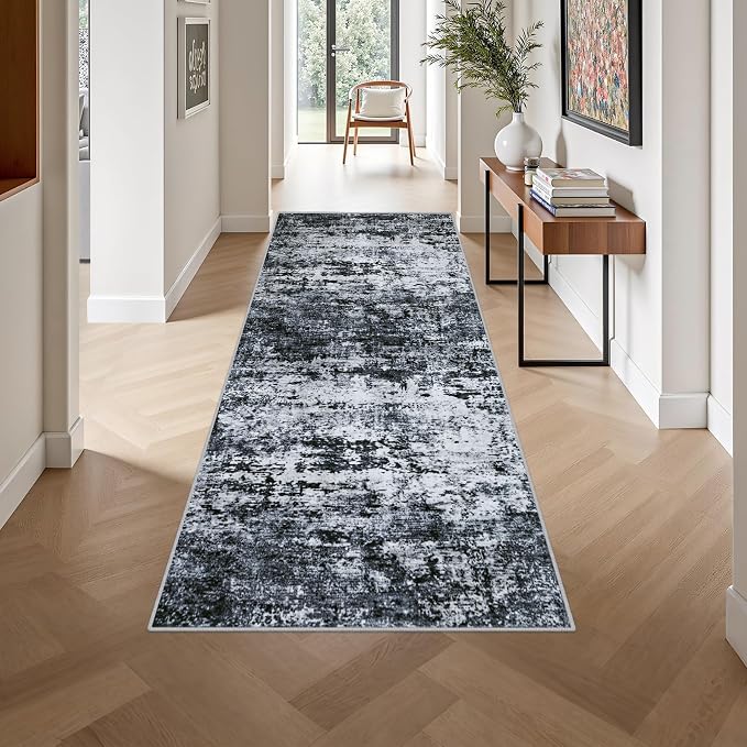 Washable Area Rug 3x8 Entryway Rug: Washable Modern Abstract Soft Thin Rug Indoor Floor No Slip Stain Resistant Carpet for Bedroom Dining Room Farmhouse Nursery Home Office - Black - Image 4