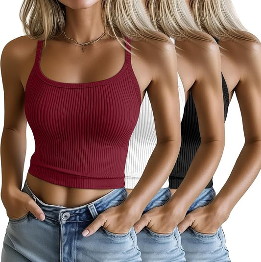 Ficerd 3 Pack Women's Tank Tops 95% Cotton Spaghetti Strap Ribbed Crop Camisole Slim Fitted Basic Summer Sleeveless Layer by Ficerd