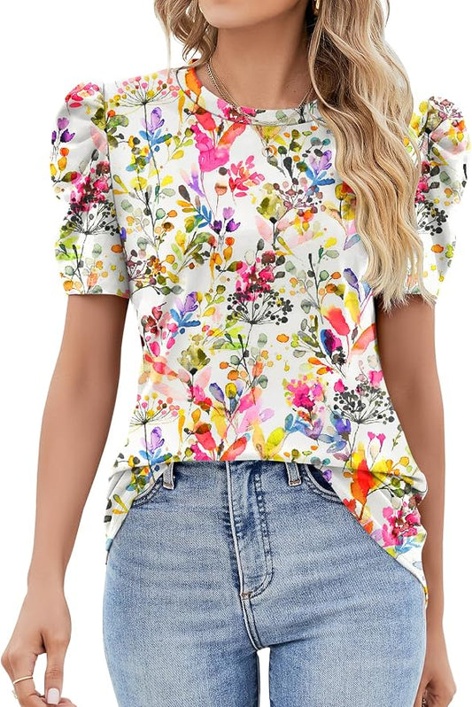 Ivicoer Puff Short Sleeve Shirt for Women Eyelet Tops Summer Crewneck Blouse Loose Fit S-XXL by Ivicoer