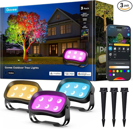 Govee Outdoor Tree Lights 3-Pack, RGBWIC LED Landscape Lighting | Outdoor Lights for Yard Garden Patio, 66 Scene Modes for Holiday Party and Event, App Control, Google Assistant, Matter by Unknown
