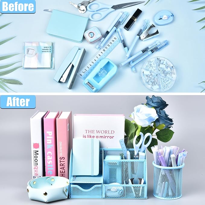 Blue Desk Accessories, 26Pcs Office Supplies and Desk Organizers, with Tape Dispenser, Stapler, Staple Remover, Ect, Gift Box Packaging - Image 3