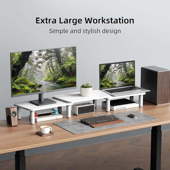 Dual Monitor Stand For Desk,Adjustable Height Long Wood Computer Riser | For Computer,Notebooks,Laptop,Printer,TV,Decoration for Office & Home ,White - Image 2