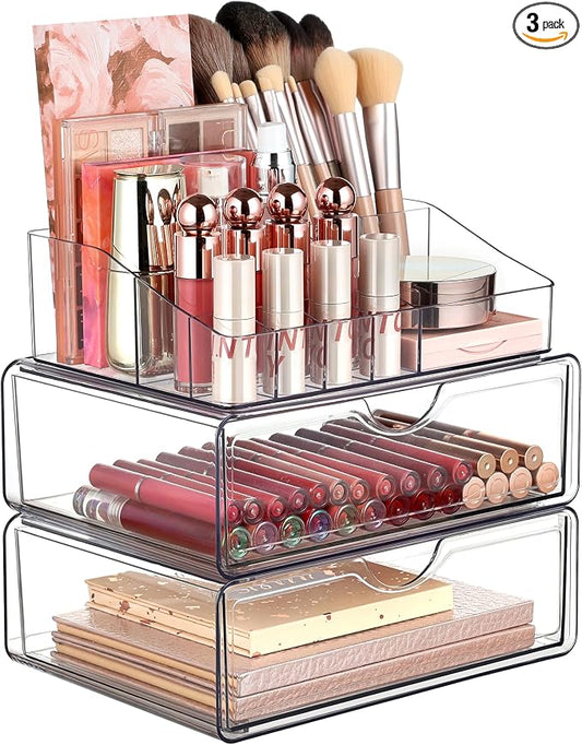 Vtopmart 3 Tier Clear Makeup Organizer with 2 Drawers | Smart Storage Layout, Clear for Better Visibility, Stackable, Large Capacity, for Makeup Lipstick Brush Skincare by Vtopmart