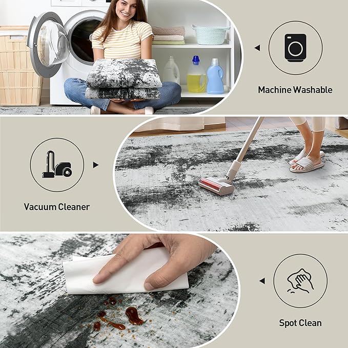 4x6 Area Rugs Washable Rug: Modern Abstract Living Room Rug Soft Anti-Skid Thin Carpet Indoor Floor Non-Shedding Carpets for Bedroom Dining Room Farmhouse Nursery Home Office Black White Grey - Image 4