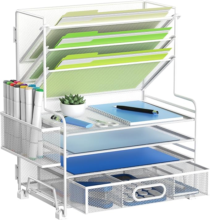 MINDEPOT 4-Tier Paper Organizer + 3-Pocket File Holder + Drawer + Pen Holders, Desktop File Organizers Paper Tray for Office Supplies School Classroom Organization (White, with Drawer & Pen Holder) by MINDEPOT