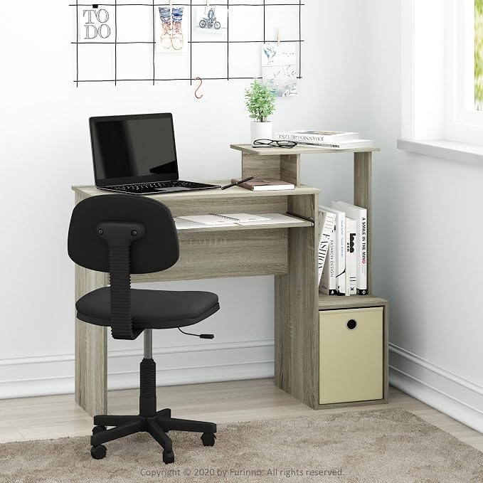 Furinno ECON Desk, 40-in Gaming Desk with Keyboard Tray, Computer Desk, Office Desk with Side Shelves and Storage Bin for Home Office, Study Room, Dorm, Light Oak by Furinno-FitsYourSpaceFitsYourBudget