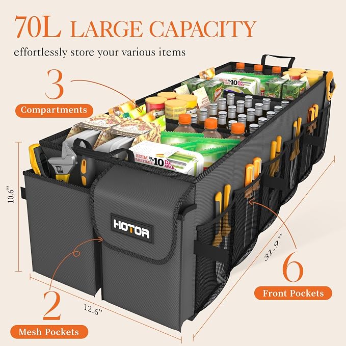 HOTOR Trunk Organizer for Car - Car Organizer, Foldable Trunk organizer for SUVs & Sedans, Sturdy Organization for Car Accessories, Tools, Sundries, Grey, 3 Compartments, 31.9"×12.6"×10.6" - Image 2