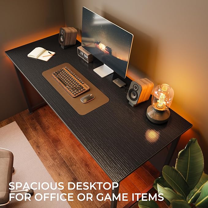 Huuger Computer Desk, 55 Inch Home Office Desk, Gaming Writing Work from Home Study Desk, Large Legroom, Sturdy Metal Frame, Modern Simple, Black - Image 7