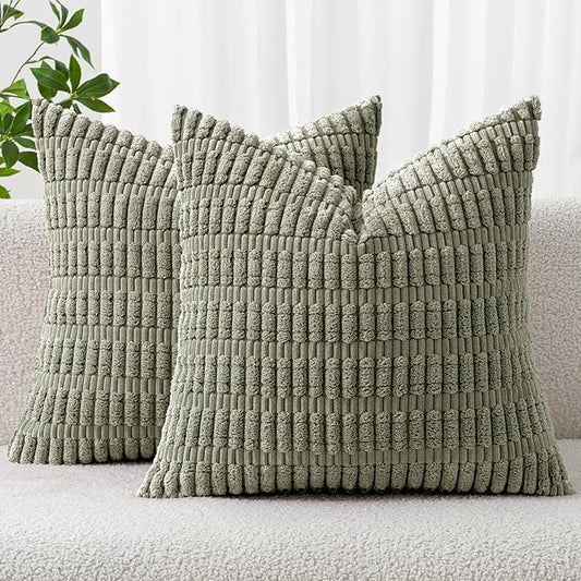 MIULEE Pack of 2 Corduroy Decorative Throw Pillow Covers 20x20 Inch Soft Boho Striped Pillow Covers Modern Farmhouse Home Decor for Summer Sofa Living Room Couch Bed Light Olive Green by MIULEE