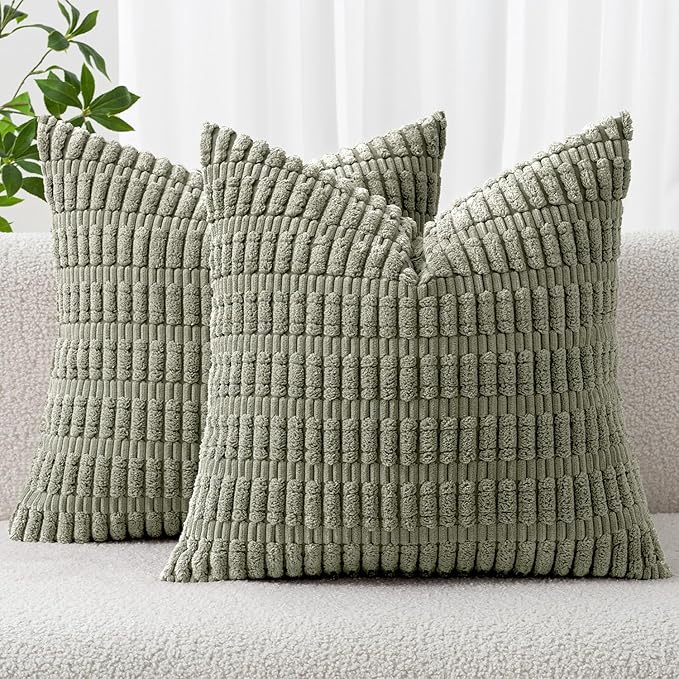 MIULEE Pack of 2 Corduroy Decorative Throw Pillow Covers 18x18 Inch Soft Boho Striped Pillow Covers Modern Farmhouse Home Decor for Summer Sofa Living Room Couch Bed Light Olive Green by MIULEE