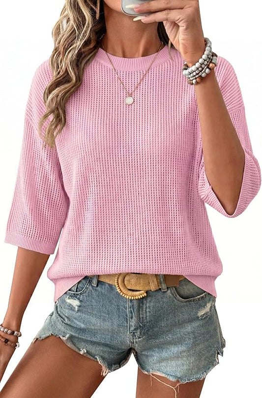 Arach&Cloz Womens Summer 100% Cotton Oversized Crochet Tops 3/4 Length Sleeve Sweater Hollow Out Casual Blouses 2026 by ArachClozFocusonQuality